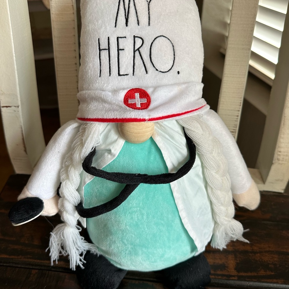 Rae Dunn White "My Hero" Nurse Gnome with Mint Green Outfit and Black Accents